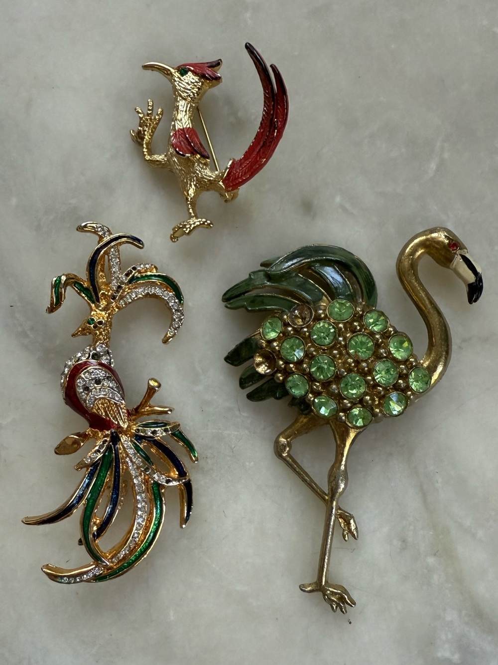 Vintage Gerry’s Signed Roadrunner Flamingo Peacock Enamel Brooch Lot 3pc Repair